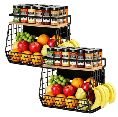 Produktbild von 2er-Set Magnetisches Küchenregal Metall Obstkorb Aufbewahrungskorb ohne Bohren mit Haken für Kühlschrank Küche