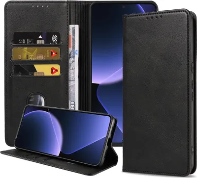 Produktbild von Smartphonica Handytasche geeignet für Xiaomi 13T Kunstlederhülle mit Magnetverschluss und Kartenhalter Buchhülle mit Klappe - Schwarz