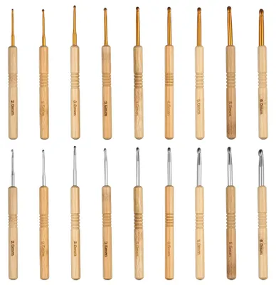 Produktbild von Häkelnadel-Set - Ergonomisch mit Holzgriff - Handarbeit und Stricken - 18 Stück (2,0-6,0 mm)