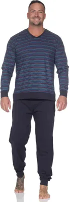 Produktbild von Normann Herren Schlafanzug lang mit Bündchen - Pyjama in Streifenoptik und V-Hals ; navy , 58