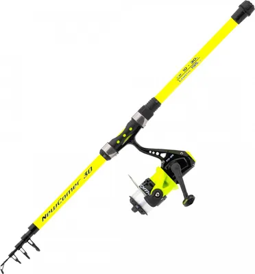 A yellow fishing rod and reel set against a white background.
