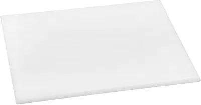 A white polyethylene cutting board is shown from a slightly elevated angle.