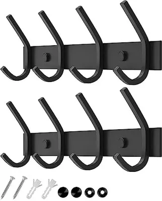 Image de Accessoire de fixation en acier inoxydable, double crochet, capacité de charge jusqu'à 20 kg, noir, 4 crochets, lot de 2