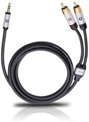 A black audio cable with a 3.5mm jack on one end and two RCA connectors on the other, coiled on a white background.