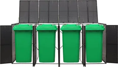 Four green trash bins are housed within a black metal frame structure with a mesh lid.