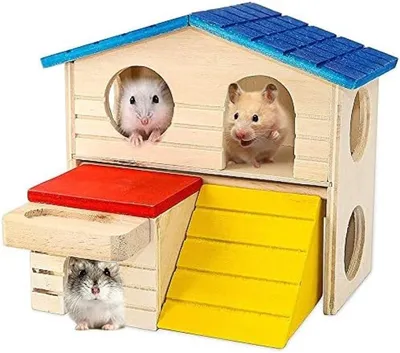 Productafbeelding van PromoHome® Tweekamerig knaaghuisje met voerbak – Natuurlijk houten speelhuisje, 25 x 15 x 18 cm, bruin