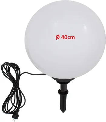 A white spherical garden light with a black stake and power cord.