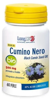Productafbeelding van LONGLIFE biologische zwarte komijnolie, 60 capsules in gelatine