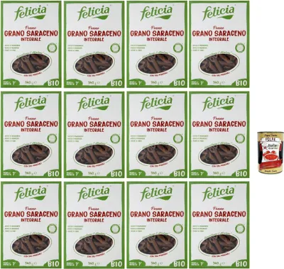 Produktbild von Felicia Penne di Grano Saraceno Integrale,Pasta mit 100% Buchweizen, Natürlich Glutenfrei,Packung mit 12x 340g + Italian Gourmet Polpa di Pomodoro 400g Dose