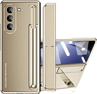 A gold-colored phone case is shown in a studio setting, with the case partially opened to reveal a stand feature and a screen.