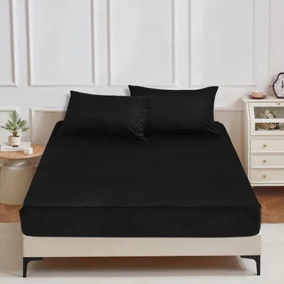 Productafbeelding van Winter pluche spanlaken 200x200cm Zwart Warm Knuffel Fleece bedlinnen 200x200cm Zacht Knuffel Samt Flauwige spanlaken Boxspring geschikt voor 30cm