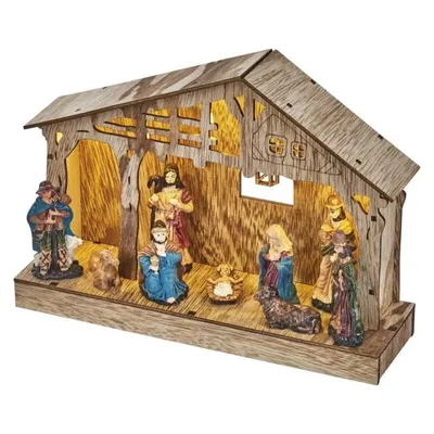Image de Crèche de Noël LED Décoration Noël Bois 26x19cm Blanc Chaud Minuteur