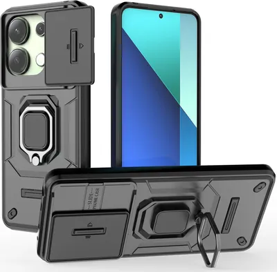 Image de Étui pour Xiaomi Redmi Note 13 4G étui double couche avec protection coulissante de l'appareil photo et support d'anneau, stand noir