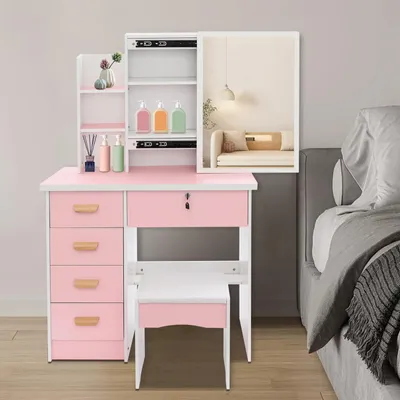 Productafbeelding van Make-up tafel met spiegel en 5 lades - 80 x 35 x 128 cm