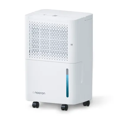 A white dehumidifier with a water level indicator and wheels, shown against a white background.