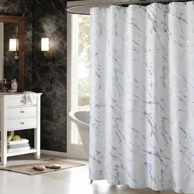 Produktbild von LIONMOOD Duschvorhang - Badewannen Vorhang inkl. Haken - Polyester Textil - 180x200cm - Marmor-Silber