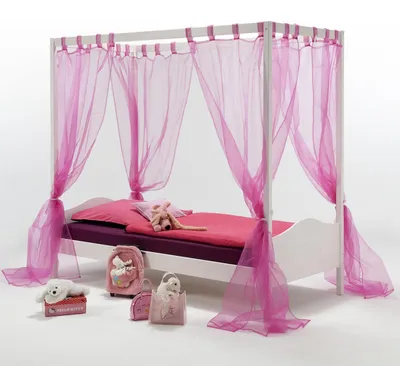 Produktbild von Himmelbett Kinderbett Mädchenbett NADINE, 90x200 cm Kiefer massiv weiß lackiert