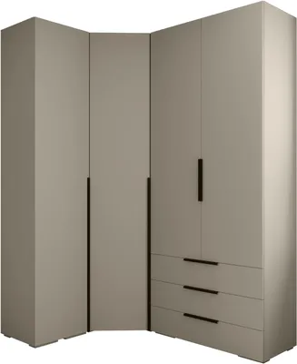A corner wardrobe with multiple doors and drawers.