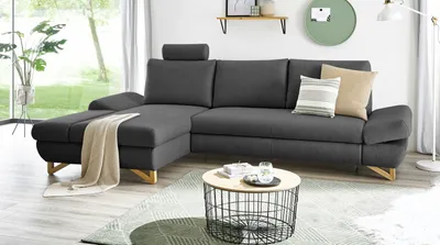 Produktbild von Ecksofa "Skalm" in grau Velours Sofa mit Bettfunktion und Stauraum 284 cm