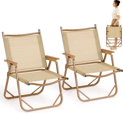 Two camping chairs are shown, with a woman demonstrating how to fold one in the background.