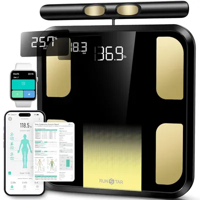 Immagine prodotto di Bilancia digitale RunSTAR con 8 elettrodi per la misurazione del peso corporeo e del grasso corporeo, del BMI, della massa muscolare e per l'analisi di 28 parametri corporei, utilizzabile tramite app