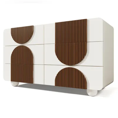 A white dresser with brown wooden accents is shown against a white background.