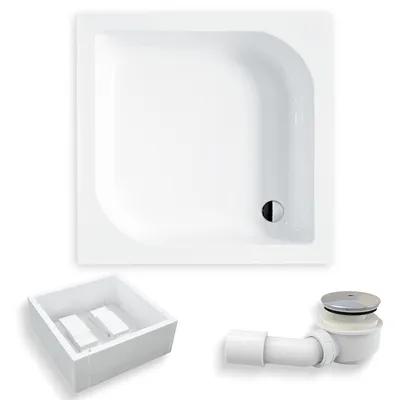 Produktbild von Duschwanne Quadratisch 80x80x30 mit Styroporträger, Sanitäracryl Anti-Rutsch Duschtasse Glatt | Ablaufgarnitur ⌀50 mm & Füßen im SET | BADLAND ARES