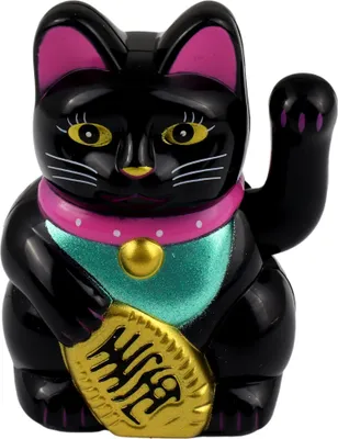 A black Maneki-neko (lucky cat) figurine with pink ears and collar, a teal bib, and a gold coin.