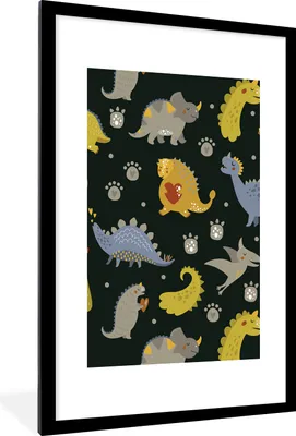 Produktbild von MuchoWow® Gerahmtes Poster Dino - Kinder - Schnittmuster - Jungen - Mädchen - Dinosaurier 60x90 cm - Poster mit Schwarzem Bilderrahmen Wandposter Rahmen Foto Bilder - Dekoration - Wandposter Wohnzimmer - Hochwertig