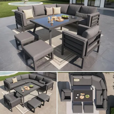 Produktbild von Gartenmöbel-Set für 8 Personen mit Glastisch & Kissen Grau Gartensofa Halbmond