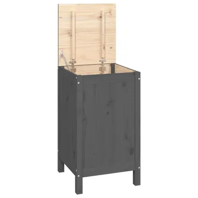 A gray wooden storage cabinet with its lid open, showing the natural wood interior.