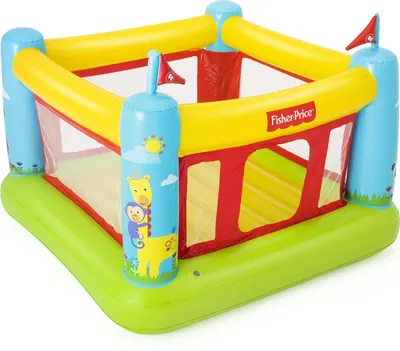 An inflatable bounce house with animal graphics.