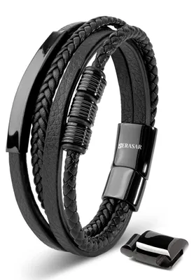Immagine prodotto di SERASAR | Bracciale in pelle da uomo [Brave] con acciaio inossidabile nero | Colore: Nero | Lunghezza: 17cm