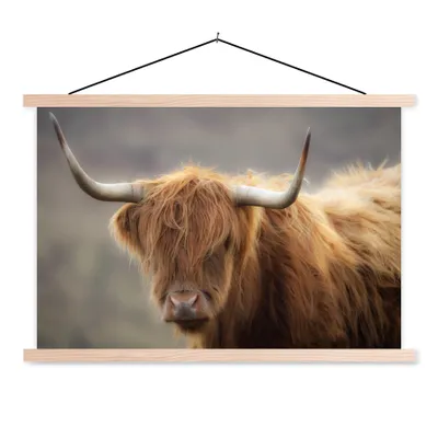 Produktbild von MuchoWow® Textilposter Schottischer Highlander - Hörner - Haare 60x40 cm mit holzfarbenen Rahmen - Bilder