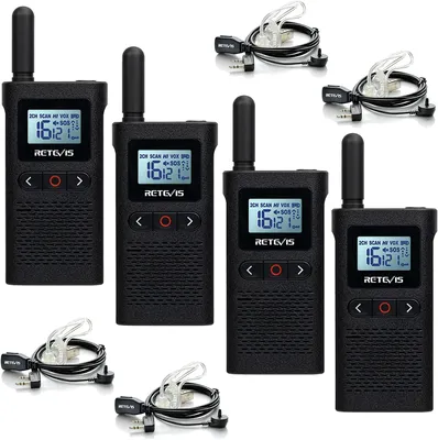 Four black Retevis RB628 walkie-talkies are arranged in a grid with two earbud accessories at the bottom and two at the top.
