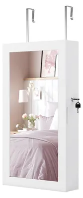 Obrázek produktu pro Zrcadlová skříňka na šperky – montáž na zeď – bílá – MDF – se zámkem – 10 x 37 x 67 cm