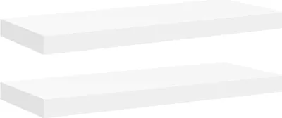 Two white floating shelves are shown against a white background.
