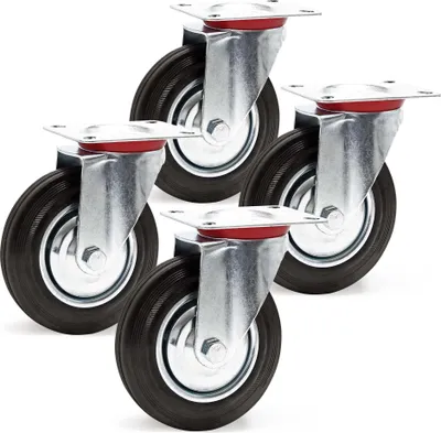 Produktbild von Sada otočných koliesok Wiltec 4 x transportné kolieska z pevnej gumy Ø200 mm 150 kg na koliesko s kovovými ráfikmi a montážnou doskou tichý chod, transportné kolieska nábytkové kolieska