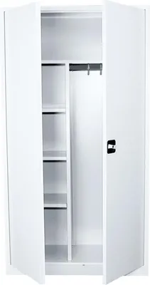 An open, empty white metal cabinet with shelves and a hanging rod.