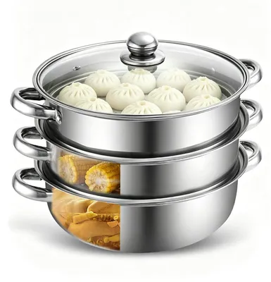 Produktbild von Dampfgarer Topf 28cm 3-stufig Edelstahl Induktionsgeeignet Glasdeckel