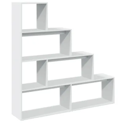 A white, multi-tiered bookshelf against a white background.
