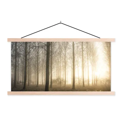 Obrázek produktu pro MuchoWow® Textilní plakát - Les - Slunce - Mlha - 90x45cm - S hnědými lamelami