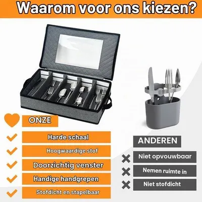 Produktbild von Besteckkasten mit Deckel für Schubladen, tragbarer Besteckbehälter, Besteckaufbewahrung mit Deckel, verstellbare Einsätze, Organizer für Camping, Reisen, Küche, 42,5 x 29,5 x 8 cm