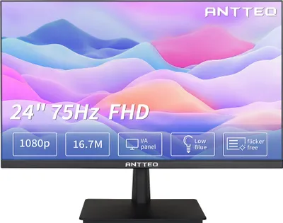 A black computer monitor with a colorful abstract wallpaper displayed on its screen, sitting on a black stand.