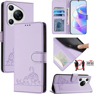 Produktbild von Leder Hülle für Huawei Pura 70 Süße Katze Flip Case Brieftasche Schutzhülle mit Standfunktion Lila