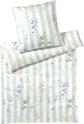 Immagine prodotto di Elegante set di lenzuola in raso Mako Flowerstripe 135x200 cm + 80x80 cm verde tenue