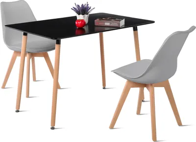 Obrázek produktu pro HJ_WeDoo jídelní set kuchyňský stůl na bukové noze, snadná montáž, 2 židle (šedá) s jídelním stolem (černá) 110x70x73cm