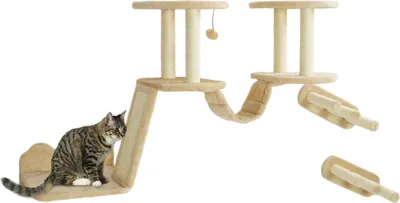 Produktbild von Kletterwand für Katzen - Wand-Kratzbaum - 3-teiliges Set - Holz - Kratzstamm, Liegeflächen und Leiterstufen - 3 Ebenen