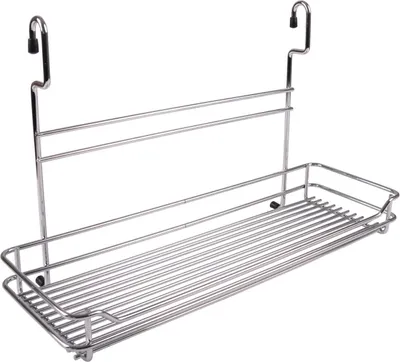 A silver metal kitchen rack with two tiers, designed to hang on a rail system.
