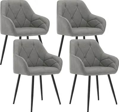 Four dark gray dining chairs with diamond-stitched upholstery and black metal legs are arranged in a grid formation against a white background.